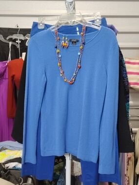Bright Blue Crewneck 100% Cashmere Sweater with Coordinated Ensemble